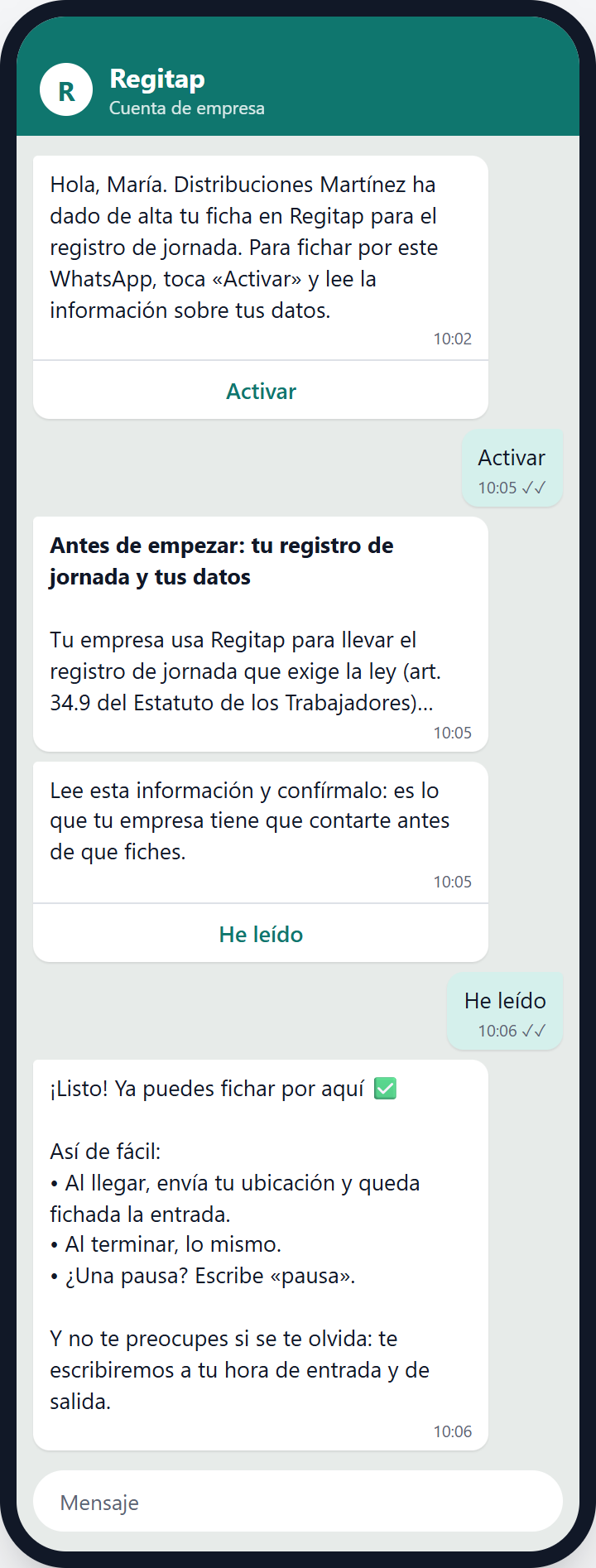 La invitación por WhatsApp, la información sobre sus datos y el mensaje de bienvenida