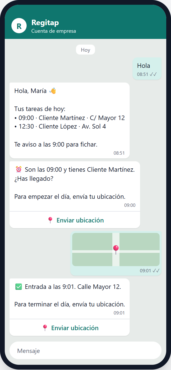 El aviso a su hora, la ubicación enviada y la entrada fichada