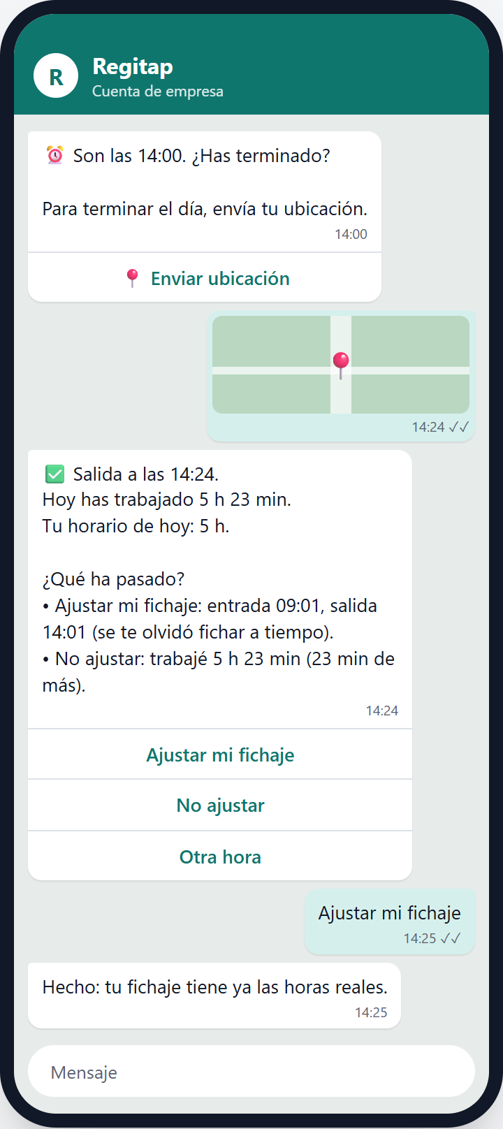 La salida fichada y la pregunta para ajustar el día